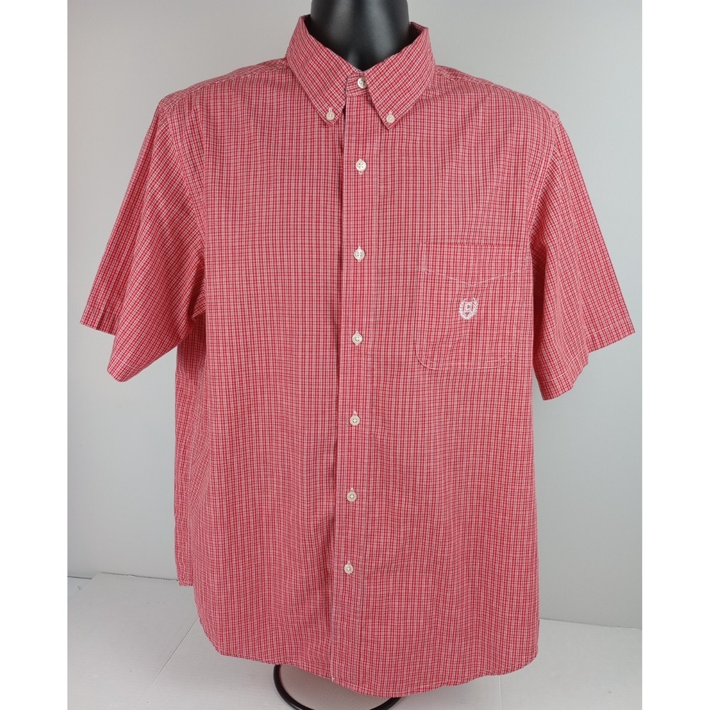 Chaps Men's L Easy Care Short Sleeve Red Check Plaid Button Up Dress Shirt